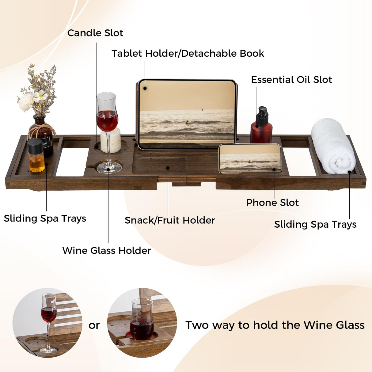 Teak Bathtub Tray - Luxury Bath Tray with Expandable Handles, Wine Glass and Phone Holders, Book Stand - Perfect for Home Spa Relaxation and Reading - Natural Bath Accessories Fun Memories
