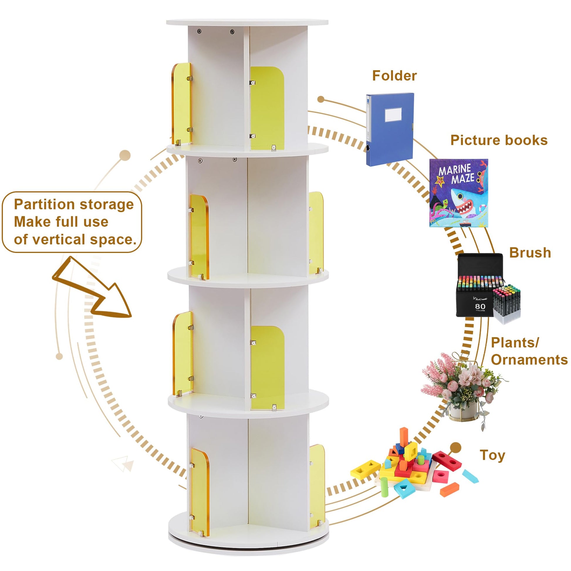 VECELO 4-Tier Rotating Bookshelf with Acrylic Windows - Elegant Pearl White Corner Storage Solution for Home and Office - WoodArtSupply