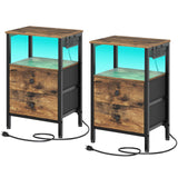 YATINEY Nightstands with Charging Station, Night Stand Set of 2 with LED Lights, Side Table with 2 Non-Woven Drawers, End Table Bedroom, Bedside Tables for Bedroom, Rustic Brown and Black ET12L2BR YATINEY