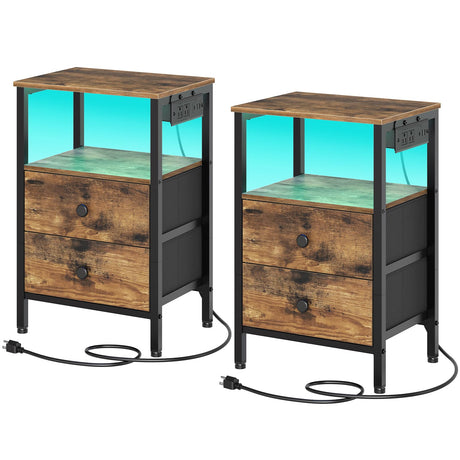 YATINEY Nightstands with Charging Station, Night Stand Set of 2 with LED Lights, Side Table with 2 Non-Woven Drawers, End Table Bedroom, Bedside Tables for Bedroom, Rustic Brown and Black ET12L2BR YATINEY