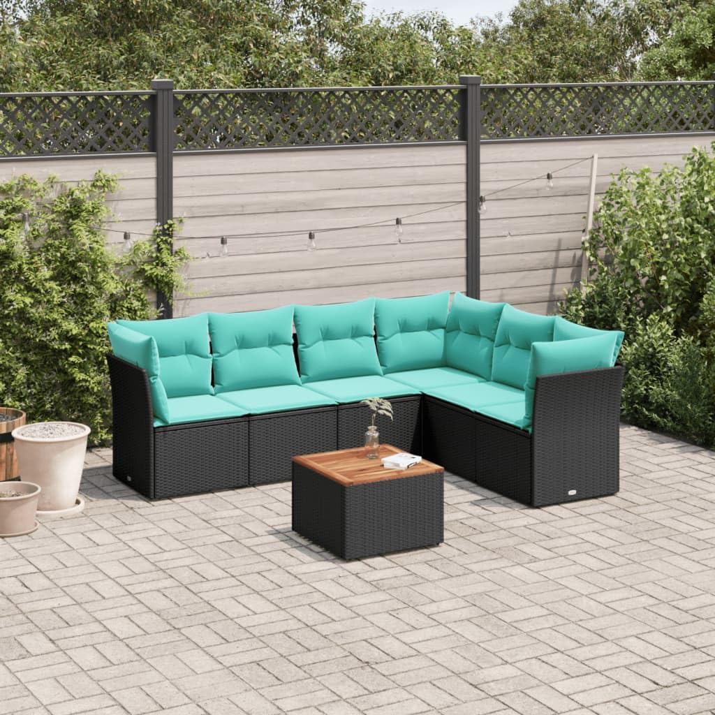 vidaXL Patio Sofa Set with Cushions 7 Piece, Outdoor Conversation Set, Patio Furniture Set for Balcony Garden, Modern Style, Black Poly Rattan vidaXL
