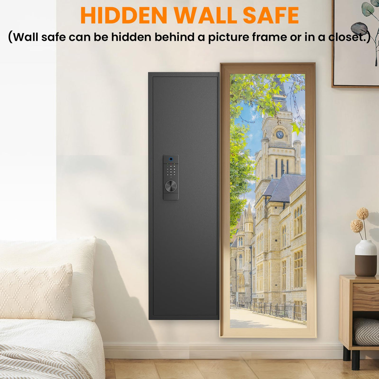 Omethey 53.15" Wall Safe Between the Studs, Biometric Fingerprint Hidden Safe with Dual Alarm System and Silent Mode, Wall Gun Safe with 3 Adjustable Shelves and Magnetic Slot (Black-Fingerprint) Omethey