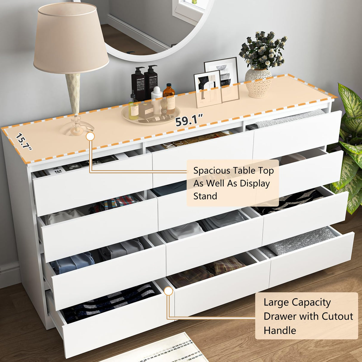 Vibe & Dine White Dresser 12 Drawer, Modern Long Dresser for Bedroom, Wood Chest of Drawers with Wide Storage for Living Room Vibe & Dine