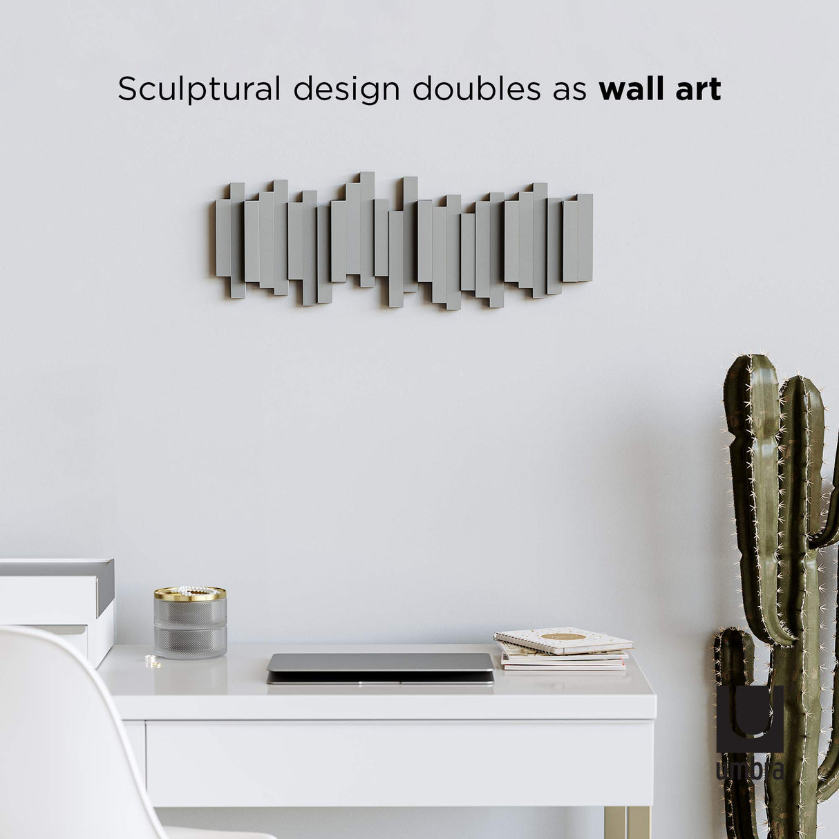 Umbra Sticks Wall-Mounted Coat Rack Rail Hook with 5 Retractable Pegs – Modern, Space-Saving Storage Organizer, Grey Umbra