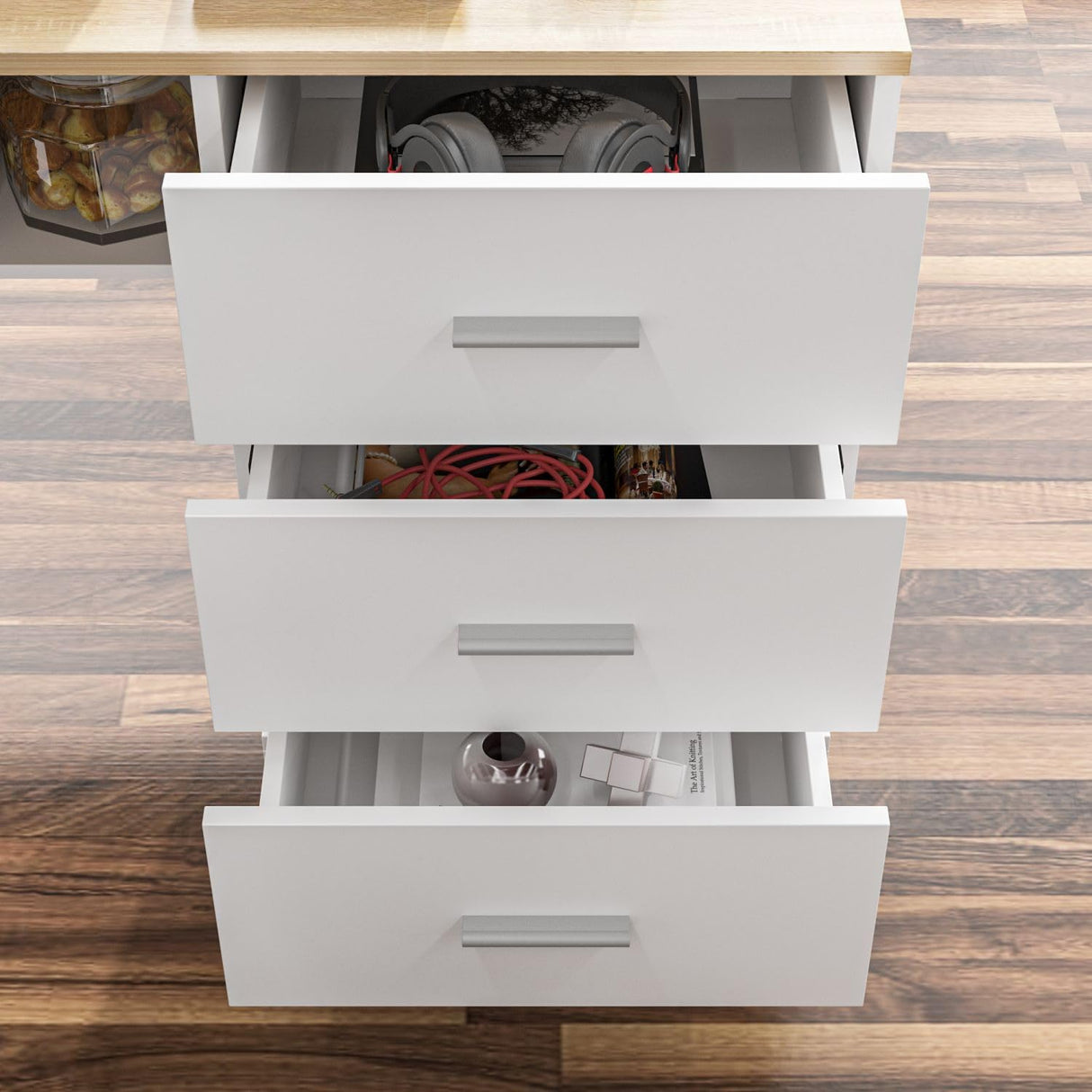 MOUMON L Shaped Standing Desk with Drawers and Shelves, Executive Desk Adjustable Height Desk, L-Shaped Design, 63 inch Tabletop, for Office Bedroom Oak and White (63”W x 63”D x 28.5-45.3”H) MOUMON