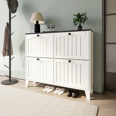 Shoe Cabinet Storage for Entryway, Shoe Cabinet Organizer with 4 Flip Drawers, Shoes Storage Cabinet with Adjustable Shelf, Hidden Slim Narrow Shoe Rack Cabinet, Vintage White (4-Drawers) Super White