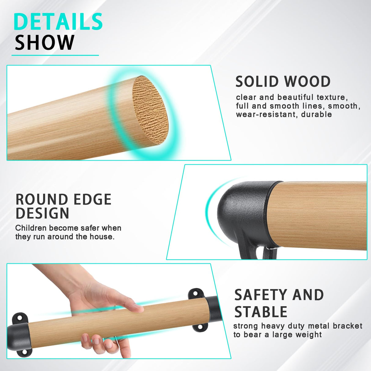 1.3Ft Wood Handrails for Indoor Stairs,Safety Non-Slip Stair Railing, Professional Pine Handrails Support Rod Complete Kit, Comfortable Barrier-Free Stair Handrail for Elderly（16‘’） WWFFEN