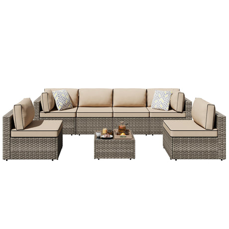 Shintenchi 7 Pieces Outdoor Patio Sectional Sofa Couch, Wicker Furniture Conversation Sets with Washable Cushions & Glass Coffee Table for Garden, Poolside, Backyard (Khaki) Shintenchi