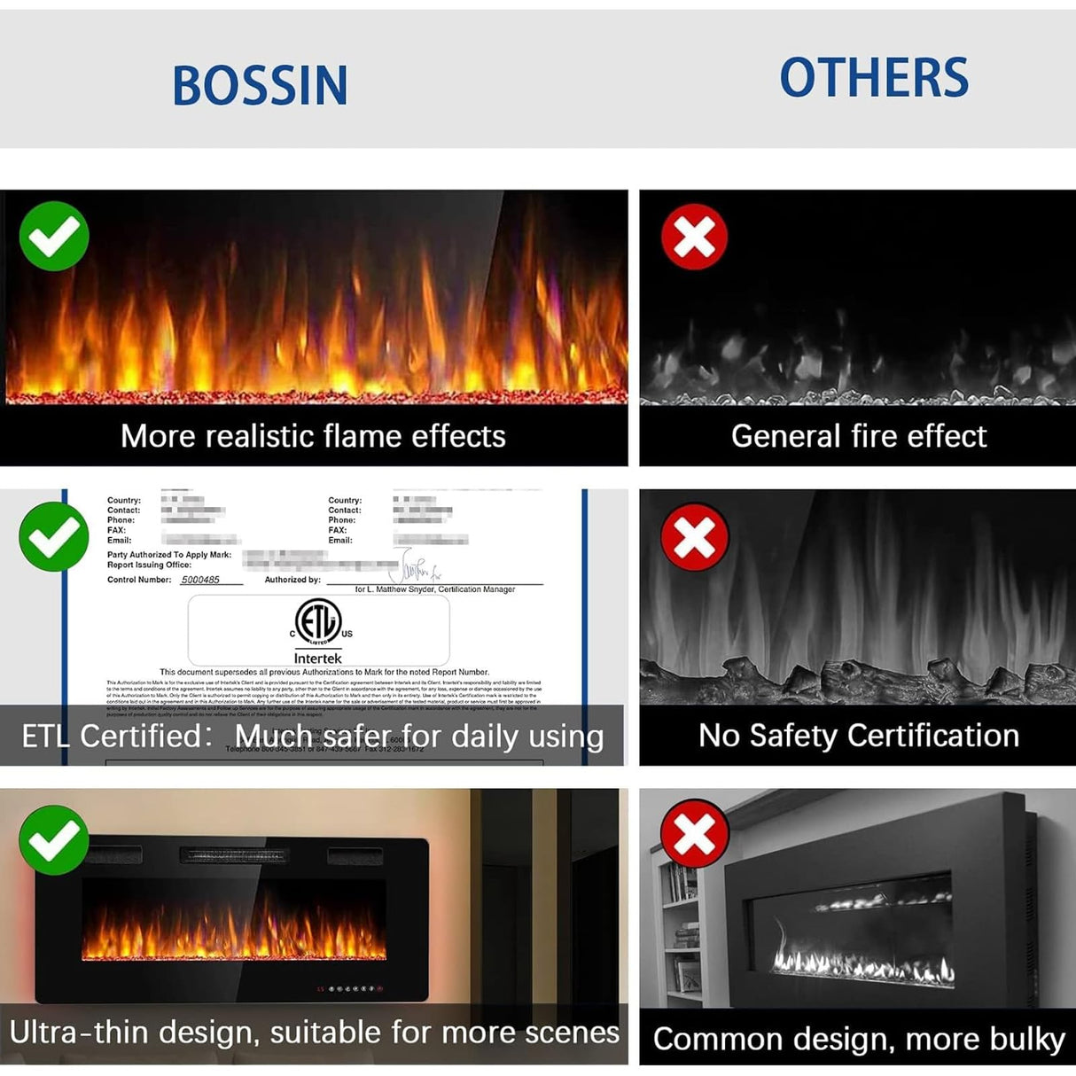 BOSSIN 60 inch Ultra-Thin Silence Linear Electric Fireplace, Recessed Wall Mounted Fireplace, Fit for 2 x 4 and 2 x 6 Stud, 12 Adjustable Flame Color & Speed,Touch Screen Remote Control with 8h Timer BOSSIN