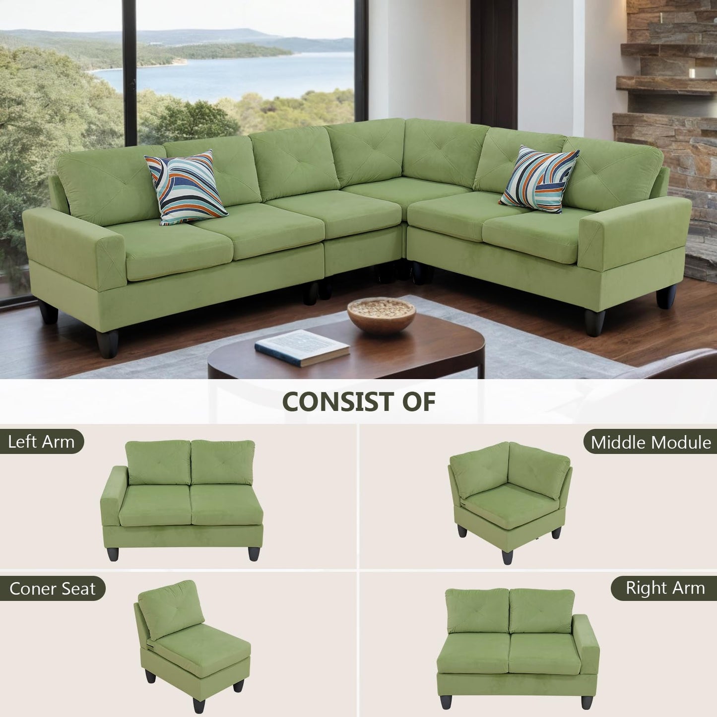 Rovibek L Shaped Sofa Couch U Shaped Sectional Corner Sofa Modular Sectional Couch 6-Seater Furniture Sets for Living Room, Green