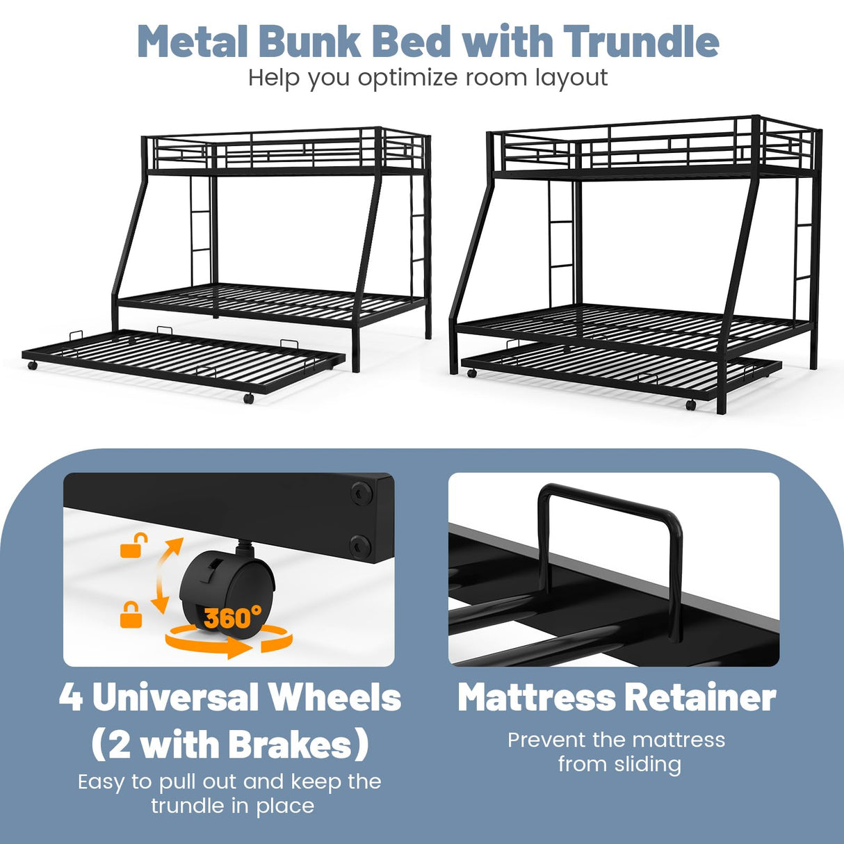 KOMFOTT Twin Over Full Bunk Bed with Trundle, Heavy-Duty Metal Bunk Bed Frame with Guardrail & 2 Ladders, Space-Saving Bunk Bed for Kids/Teens/Adults, No Box Spring Needed KOMFOTT