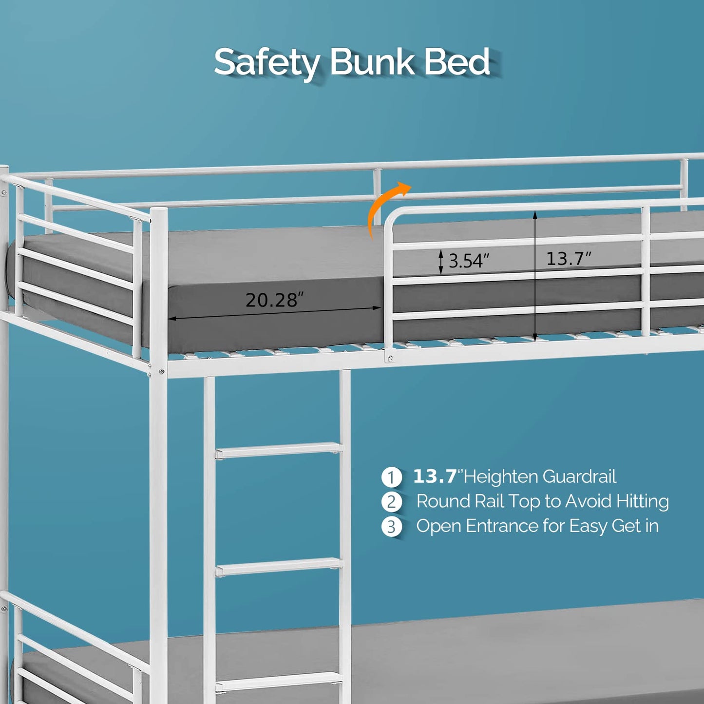 VINGLI Bunk Bed Twin Over Twin Bunk Bed for Kids/Adults with Stairs Flat Rungs, Metal Double Decks Bed, White