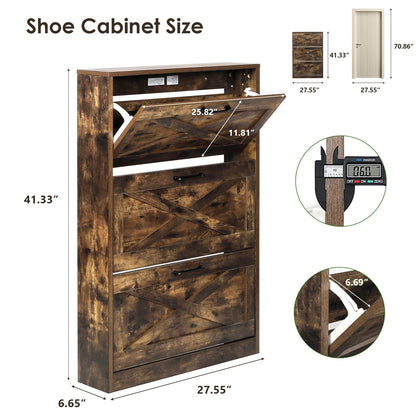 HOPUBUY Shoe Cabinet for Entryway, Shoe Storage Cabinet with 3 Flip Drawers, Narrow Shoe Rack for Front Door Entrance, Rustic Brown - WoodArtSupply