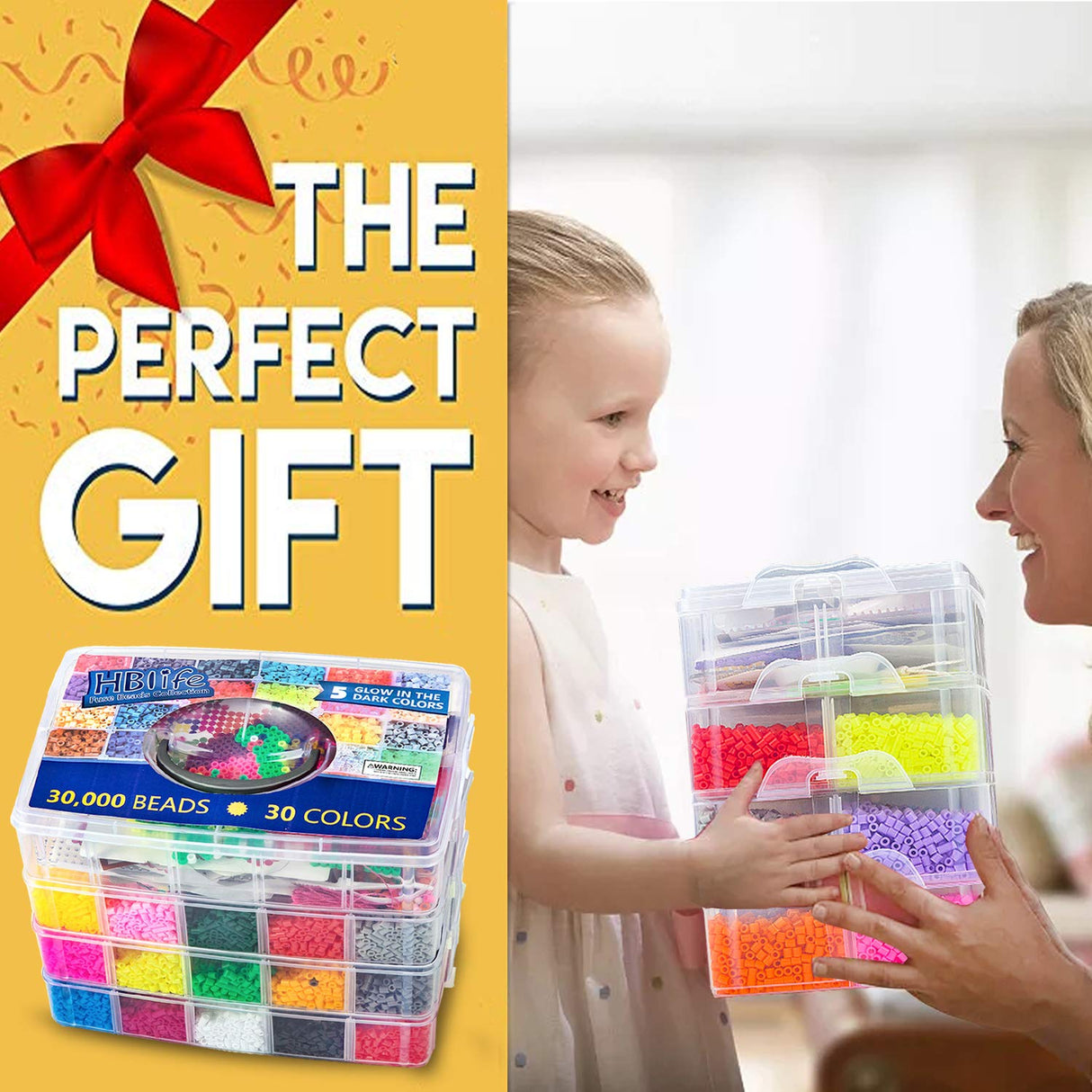 30,000 pcs Fuse Beads Kit 30 Colors 5MM for Kids, Including 10 Ironing Papers,48 Patterns, 7 Clear Pegboards, Tweezers, Perler Beads Compatible Kit HBlife