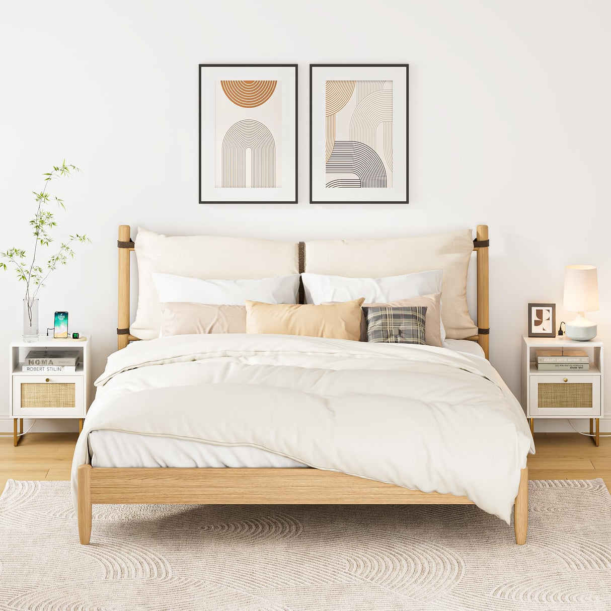 Masupu Rattan Nightstand with Charging Station,Modern Boho Farmhouse Wood Bedside Table with Storage Drawer and Open Shelf,Small Gold Frame Side End Table for Bedroom,Living Room,Office White Masupu