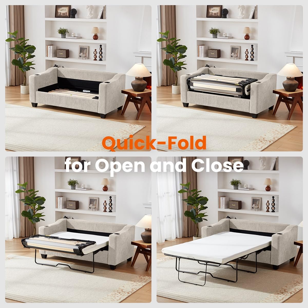 CHIC HOUSE Pull Out Sofa Bed, Full Size Sleeper Sofa, 2-in-1 Convertible Corduroy Couch with USB Charging, Memory Form Couch for Living Room, Apartment and Small Space CHIC HOUSE
