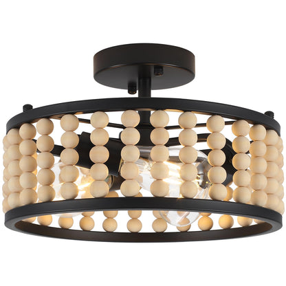 Luupyia Wood Bead Ceiling Light 3Lights, 12.79Inches Vintage Boho Ceiling Light Fixture Small Chandeliers Semi Flush Mount Mid Century Retro Overhead Lighting for Bedroom Foyer Hallway, E26