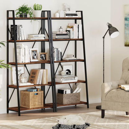 BON AUGURE Rustic Oak 5-Tier Industrial Ladder Shelf Bookcase - WoodArtSupply