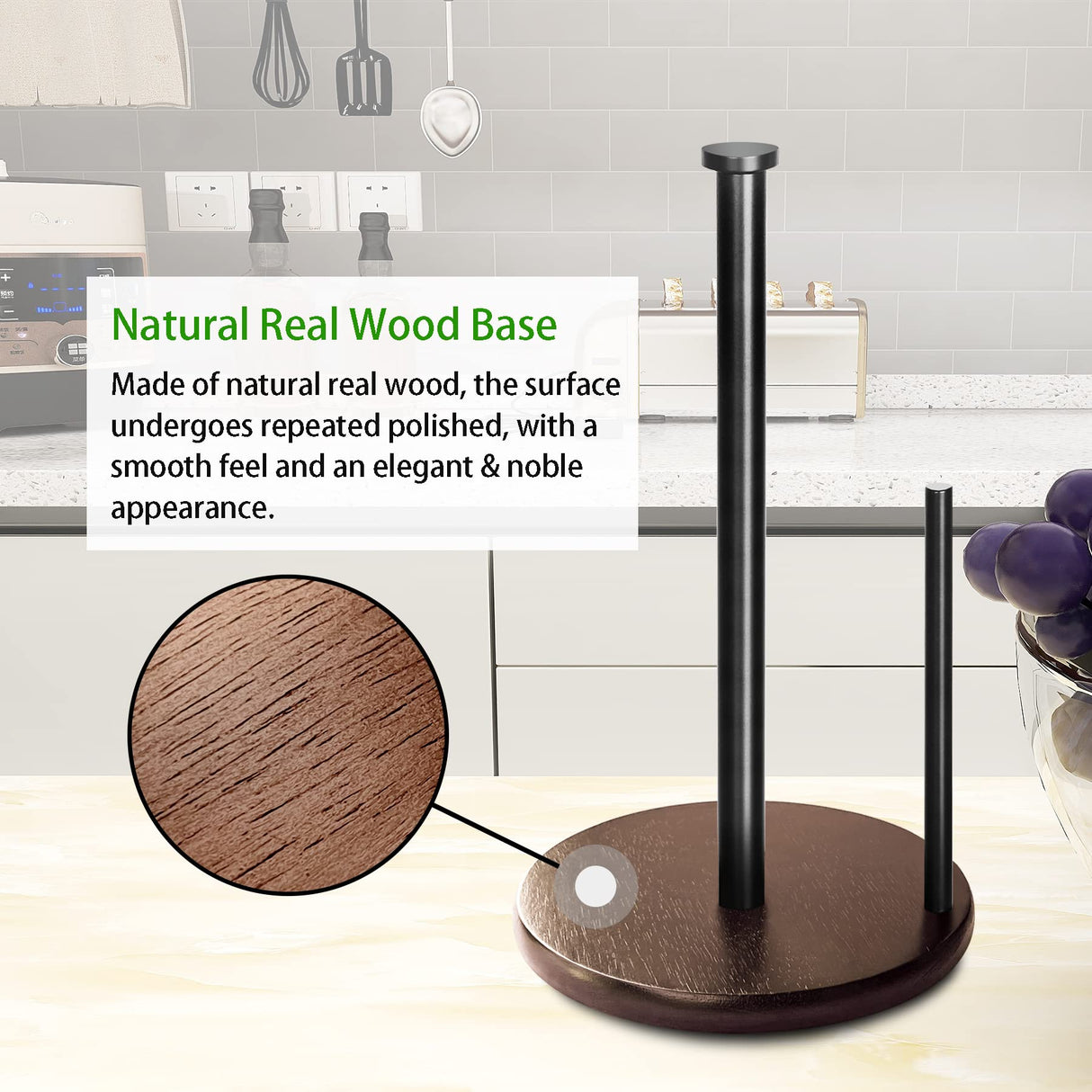 Wood Paper Towel Holder Countertop, OBODING, Farmhouse Kitchen Paper Towel Holders Stand with Real Wooden Base, fits Standard and Jumbo Size Paper Towels (Dark Brown) OBODING
