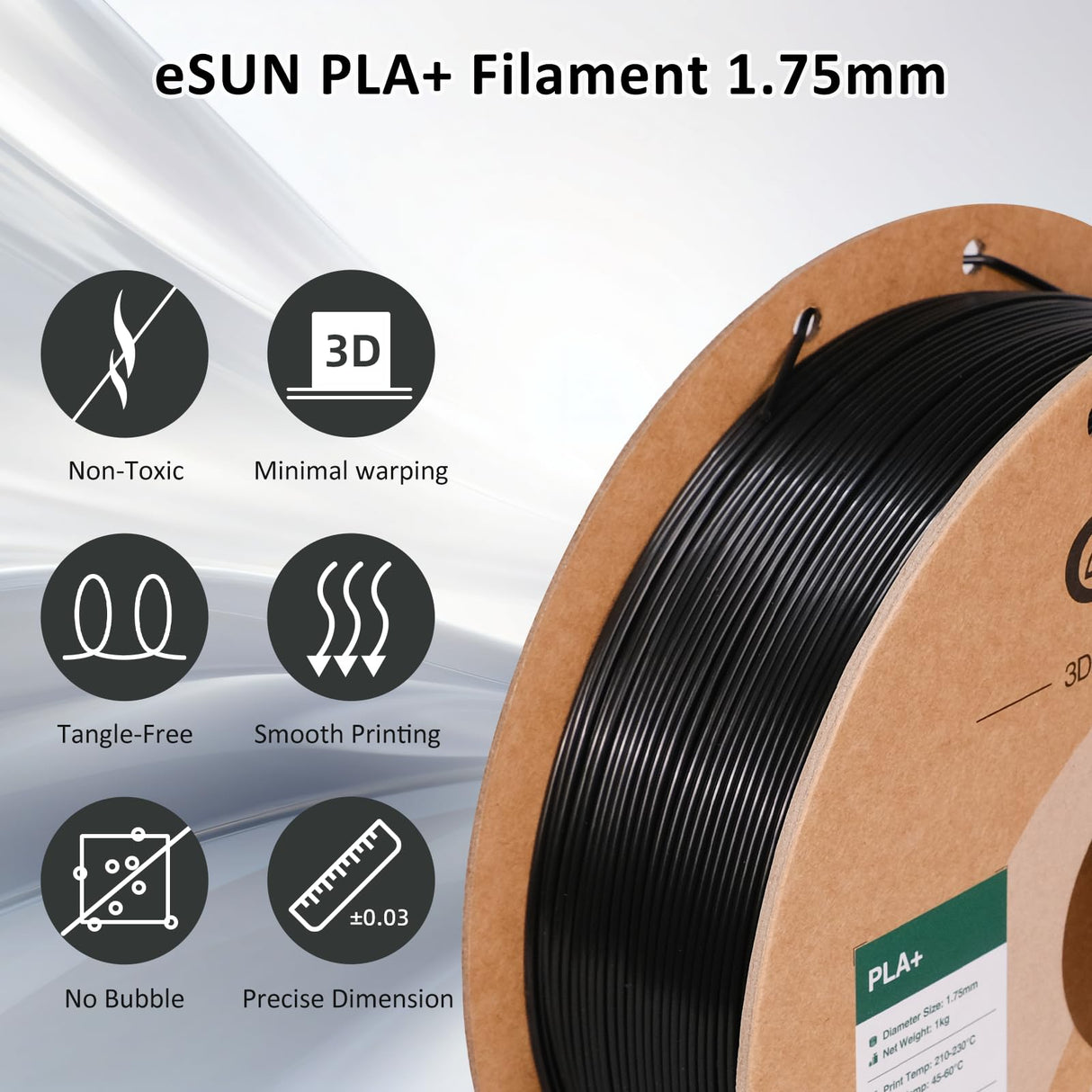 eSUN PLA+ Filament 1.75mm Black 1KG, 3D Printer Filament Dimensional Accuracy +/- 0.03mm, 1kg Cardboard Spool(2.2lbs) 3D Printing Filament, Fits for Most FDM 3D Printers eSUN