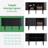 AMERLIFE 55" TV Stand with Solid Wood Legs, Mid Century Modern TV Console with Tambour Door for 80-inch TV, Dust-Proof Storage Cabinet for Living Room, Embossed Black AMERLIFE