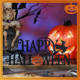 Realspring Happy Halloween Table Decor Farmhouse Tabletop Block Sign Rustic Tiered Tray Decor with Wooden Base Freestanding Metal Word Sign and Wooden Pumpkin Cutout for Home Table Shelf Office Realspring