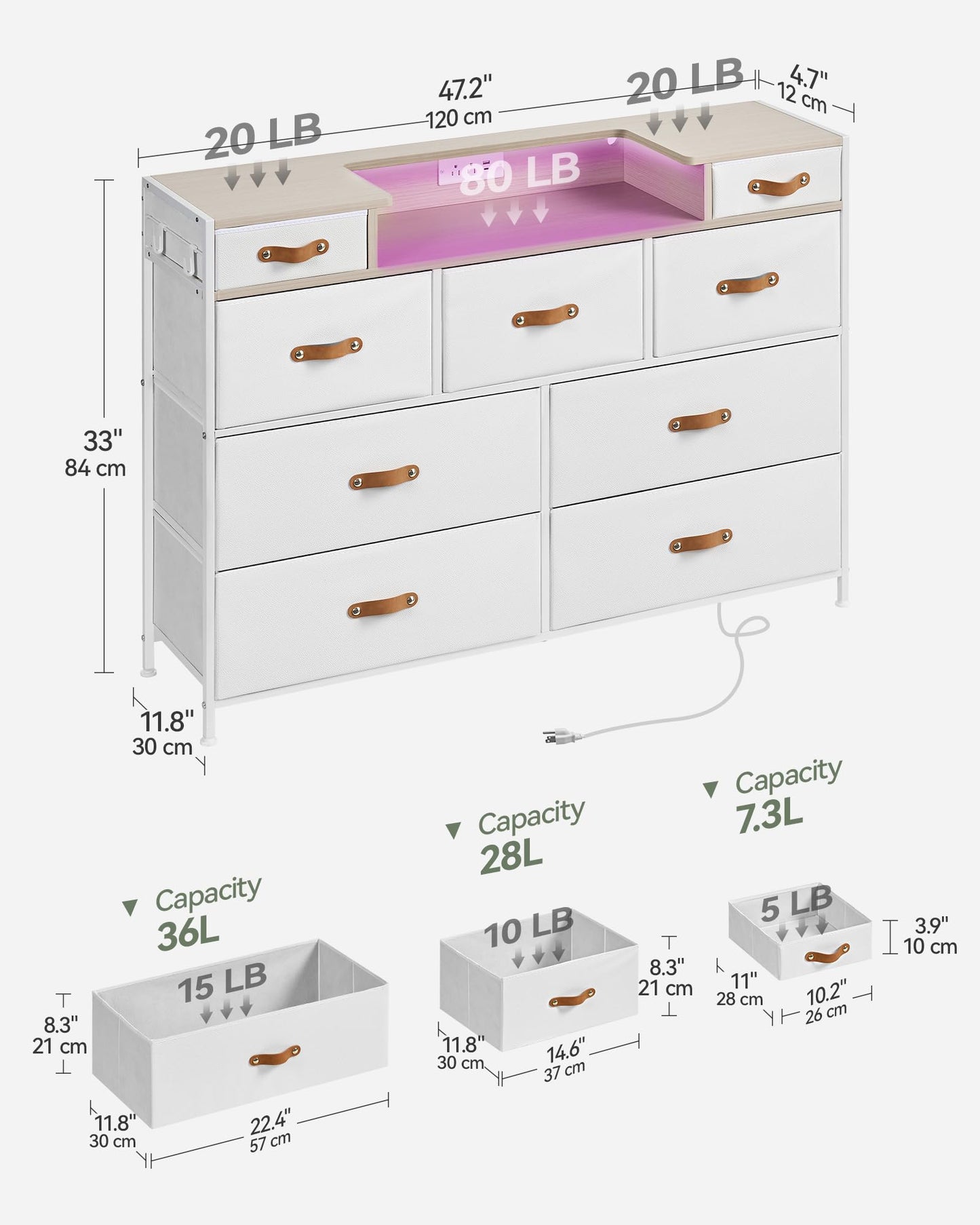 SANGMUCEN White Dresser for Bedroom, Chest of Drawers with LED Light and Charging Station, 9 Fabric Drawers Tall Wide Dresser for Organizer Cabinet Bedroom,Living Room,Hallway, Entryway, Bedroom