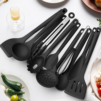 Silicone Cooking Utensils Set - 600°F Heat Resistant, Nonstick Kitchen Utensil Set with Spatulas, Spoons, Whisk, Tongs, BPA Free, Dishwasher Safe, Black