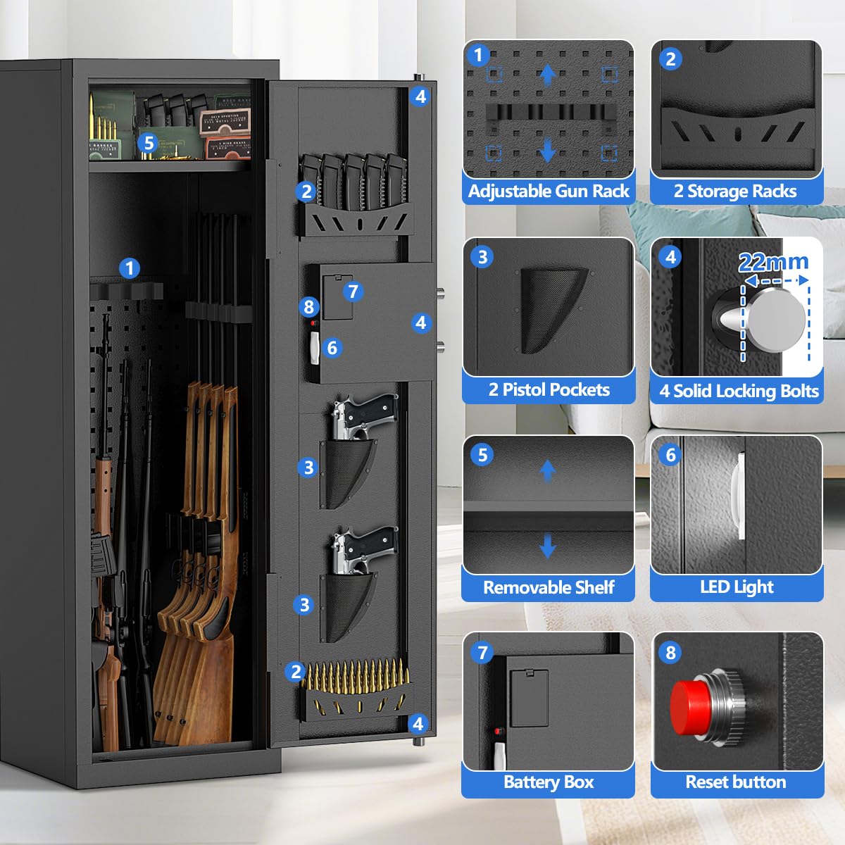 MSYCOST 8-10 Gun Rifle Safe for Home Security, Gun Safe for Rifles and Pistols - Quick Access Digital Keypad | Easy Assembly Gun Safe with Adjustable Shelves (Fits Shotguns & Ammo) MSYCOST