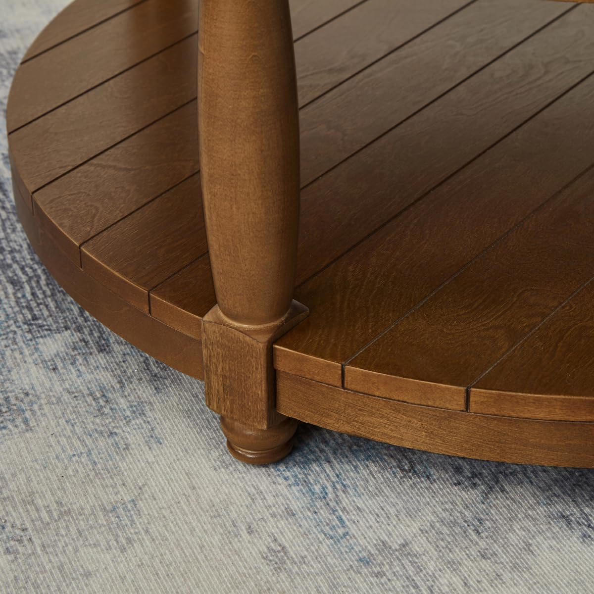 24KF Upholstered Round Coffee Table with Wooden Shelf, Tufted Button Large Round Ottoman with Spindle Wooden Legs, Linen Large Footrest Ottoman Pouf for Living Room, Linen 24KF