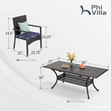 PHI VILLA Outdoor 7 Pieces Expandable Cast Aluminum Dining Set for 6, Extendable Metal Table with Umbrella Hole & Cushioned Wicker Chairs, Dining Furniture Set for Patio, Deck, Yard and Porch PHI VILLA
