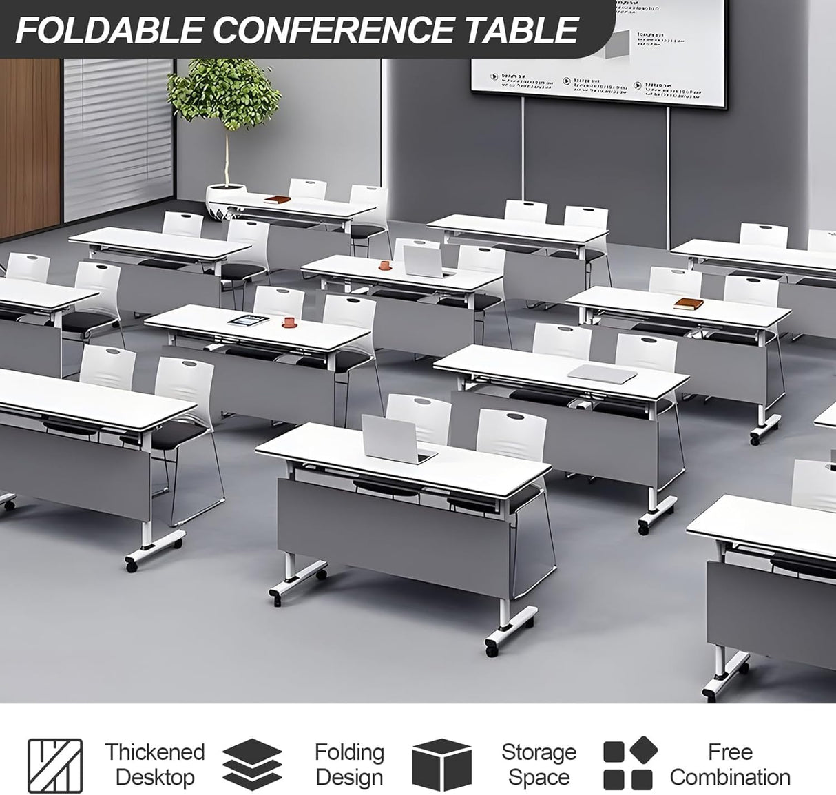 5.3FT Folding Conference Table with Lockable Wheels-Mobile Conference Room Table Foldable Meeting Table for Office Home Classroom Seminar Rooms-Durable,Seats 2-10 People,Space-Saving Design(6PACK) bbyekctc