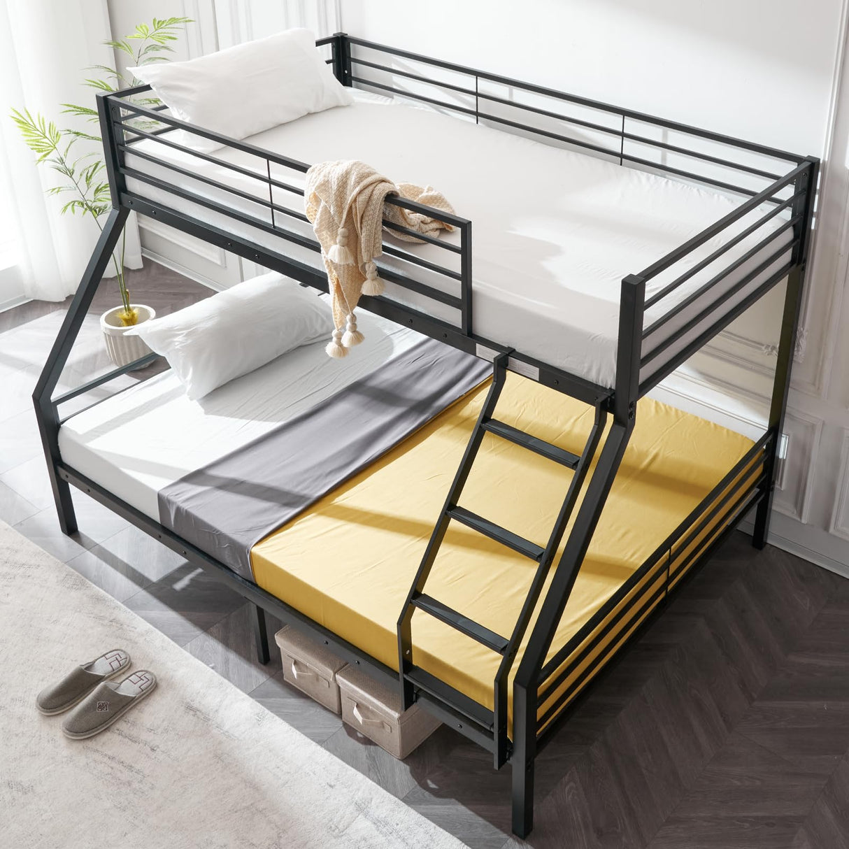 VINGLI Bunk Beds Twin Over Full Size for Kids Teens Adults/Flat Steps/Heavy Duty Metal Slat, Black VINGLI