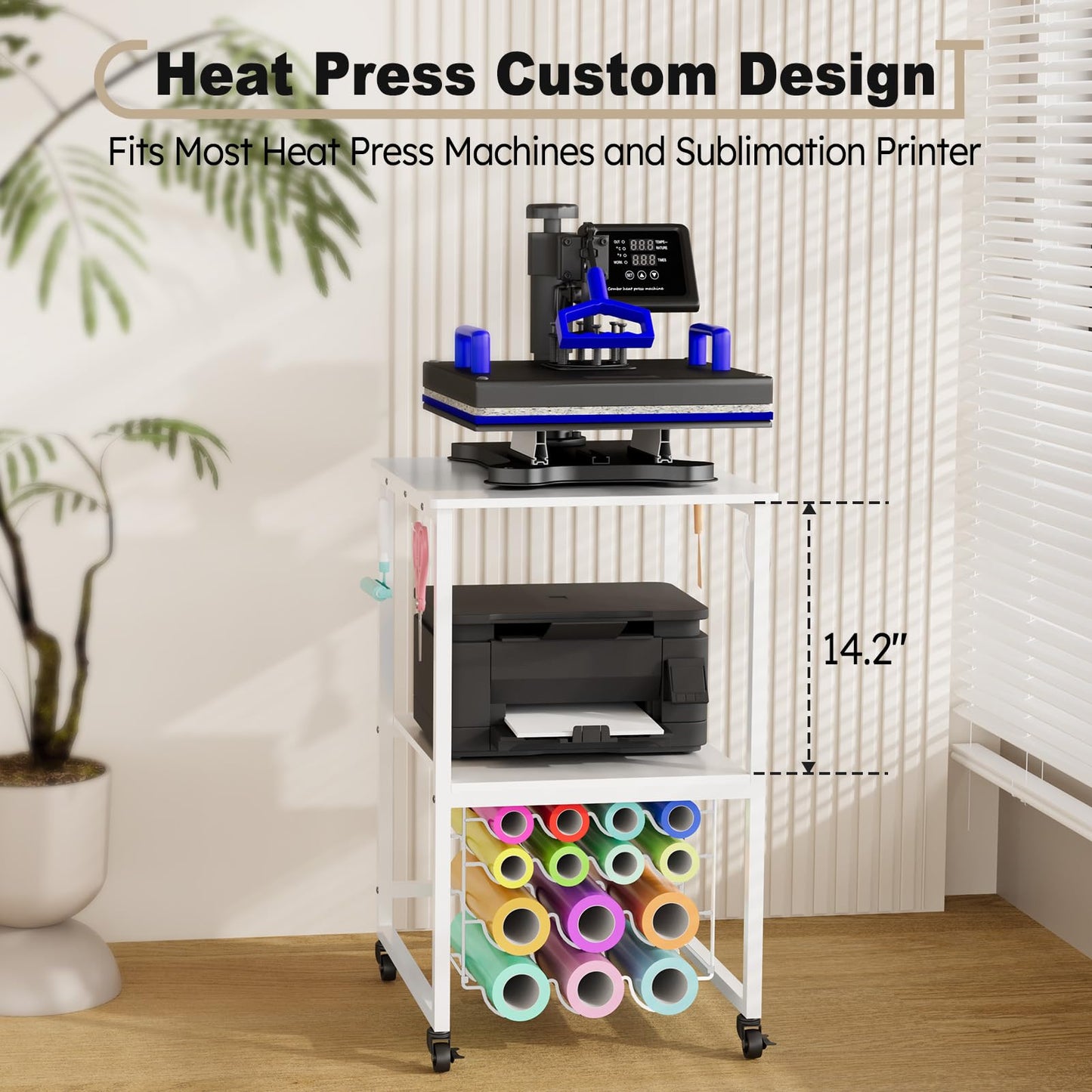 𝐂𝐫𝐚𝐟𝐢𝐭 Heat Press Table Stand—Hold 14 Vinyl Rolls, Movable Heat Press Cart for Heat Transfer Machine, Sublimation Printer, Rolling Craft Station Storage Organizer Printer Table for Home Office