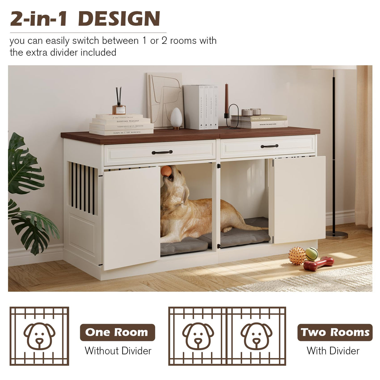 Large Dog Crate Furniture - Wooden Indoor Dog Kennel Furniture for 2 Dogs with 2 Drawers and Removable Divider, Heavy Duty Dog Crate Table, 63" L x 23.6" W x 31.5" H, White Faceket