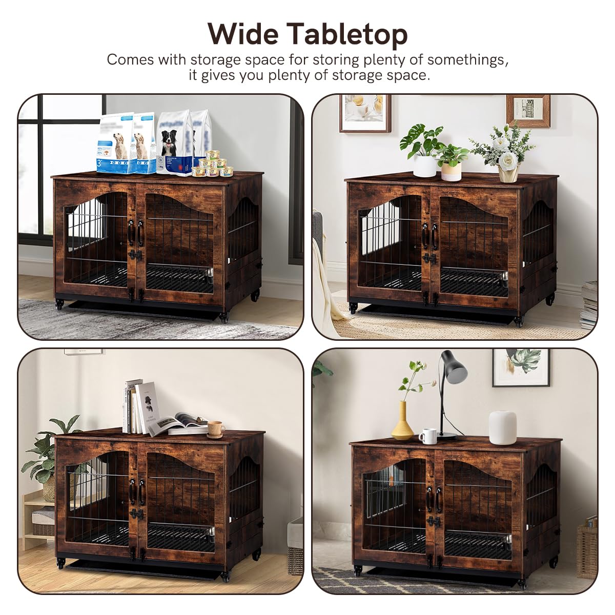 Snowtaros Dog Crate Furniture, Wooden Dog Kennel with 360° Rotatable Bowls, Heavy Duty Dog Crate with Double Doors, Dog Cage End Table Indoor with Removable Tray Swiveling Wheels for Small Medium Dogs Snowtaros