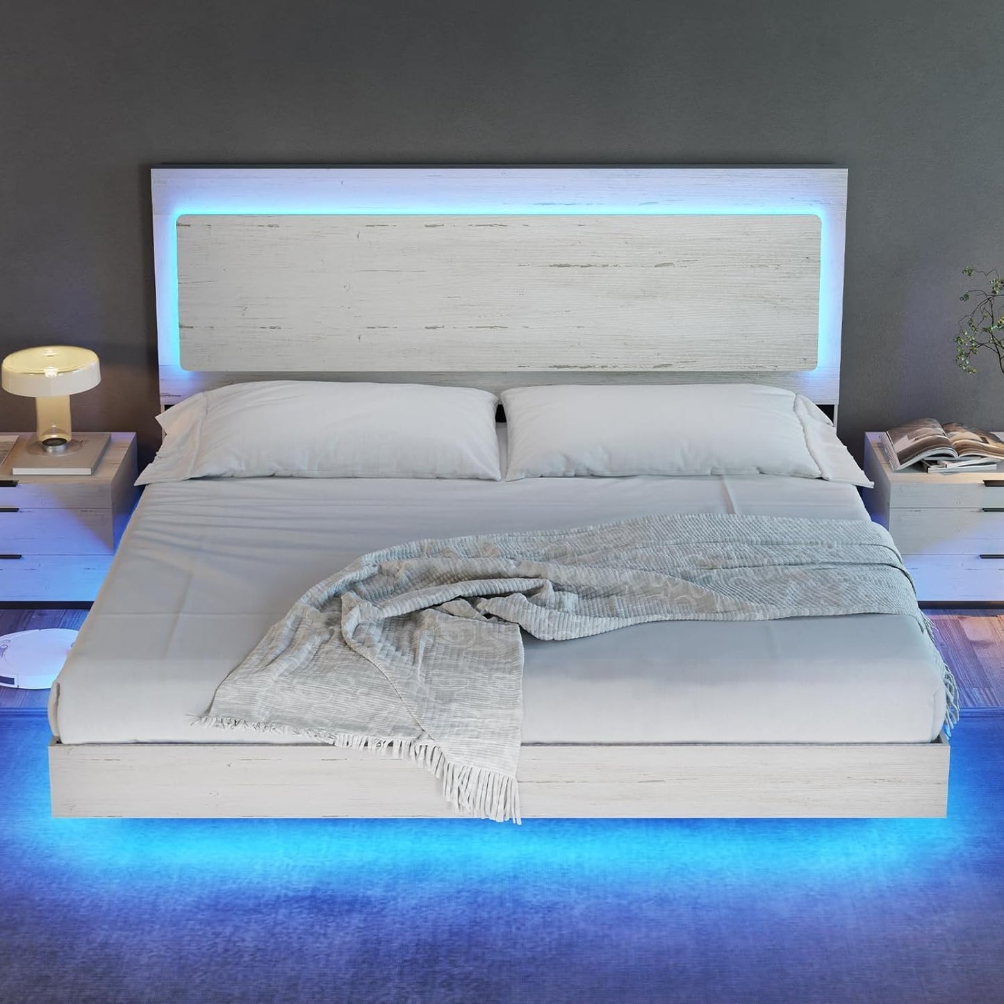 AMERLIFE Distressed White King Floating Bed Frame with LED Mood Lighting and Recline Headboard - WoodArtSupply