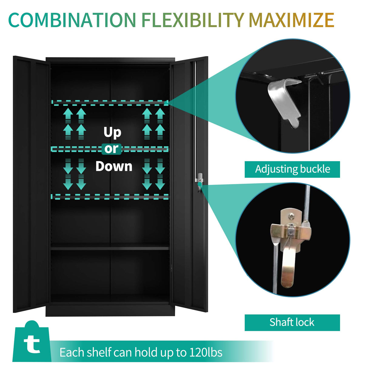 CuisinSmart Metal Storage Cabinet with 2 Doors, Utility Cabinet Locking Garage Cabinet with 5 Adjustable Shelves, 71" Storage Locker for Home, Garage, Office Black CuisinSmart