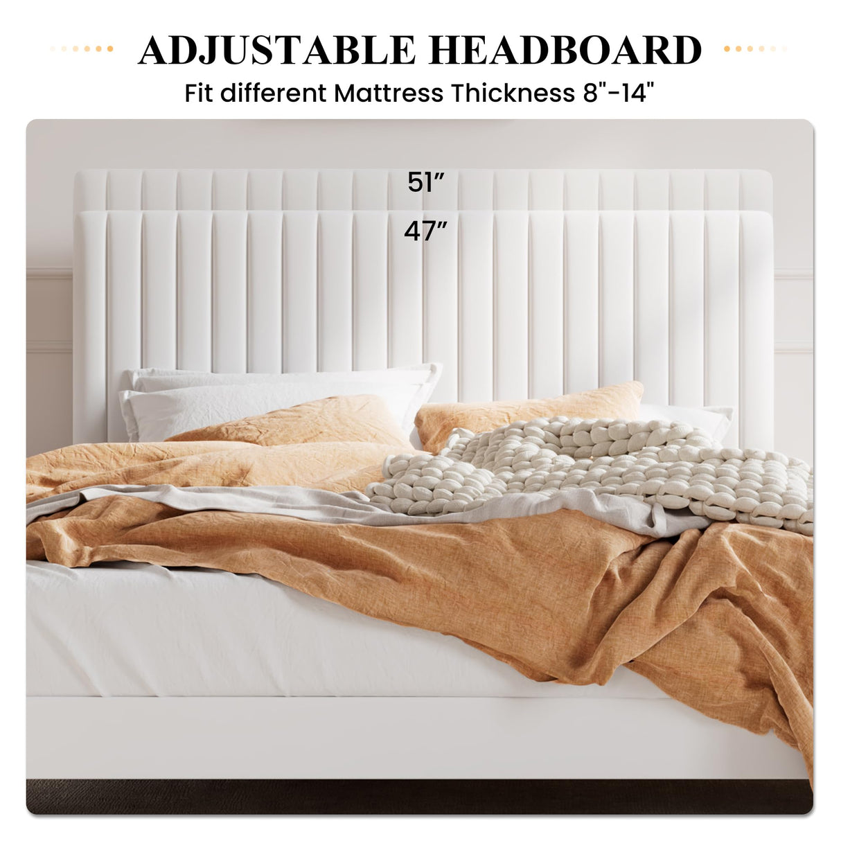 SHA CERLIN Queen Upholstered Platform Bed Frame with Vertical Channel Tufted Velvet Fabric Adjustable Headboard, Wooden Slats Support, Mattress Foundation, Box Spring Optional, White SHA CERLIN