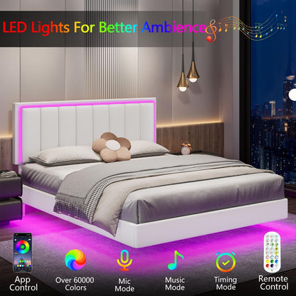 Floating Full Bed Frame with RGB LED Lights and Upholstered Headboard - IMMERSTABLE - WoodArtSupply