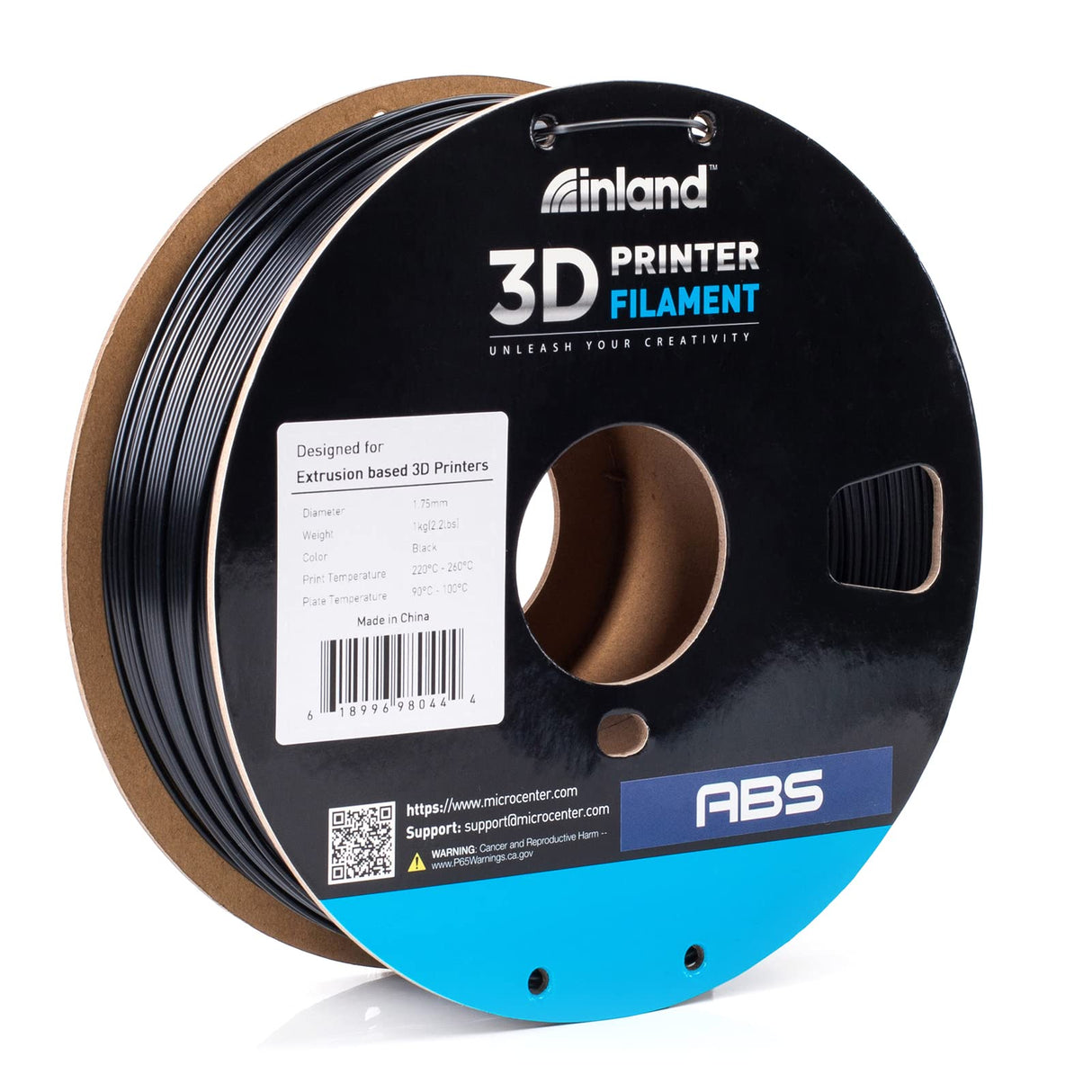 INLAND ABS Filament 1.75mm, ABS 3D Printing Filament, Dimensional Accuracy +/- 0.03 mm - 1kg Cardboard Spool (2.2 lbs) - Heat Resistant Black ABS Filament INLAND