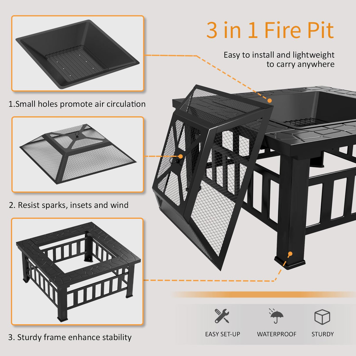 Flamaker Outdoor Fire Pit 32 Inch Patio Square Metal Firepit with Cover Poker & Grate Wood Burning Fireplace Backyard Stove for Outside Heating Camping Flamaker
