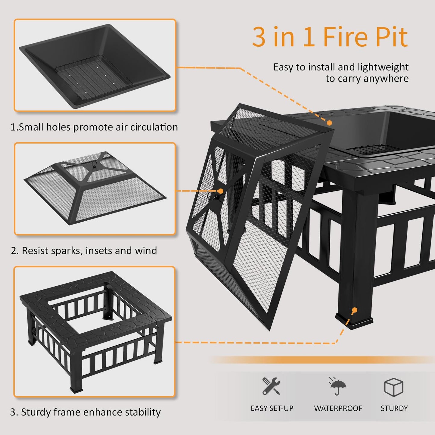 Flamaker Outdoor Fire Pit 32 Inch Patio Square Metal Firepit with Cover Poker & Grate Wood Burning Fireplace Backyard Stove for Outside Heating Camping