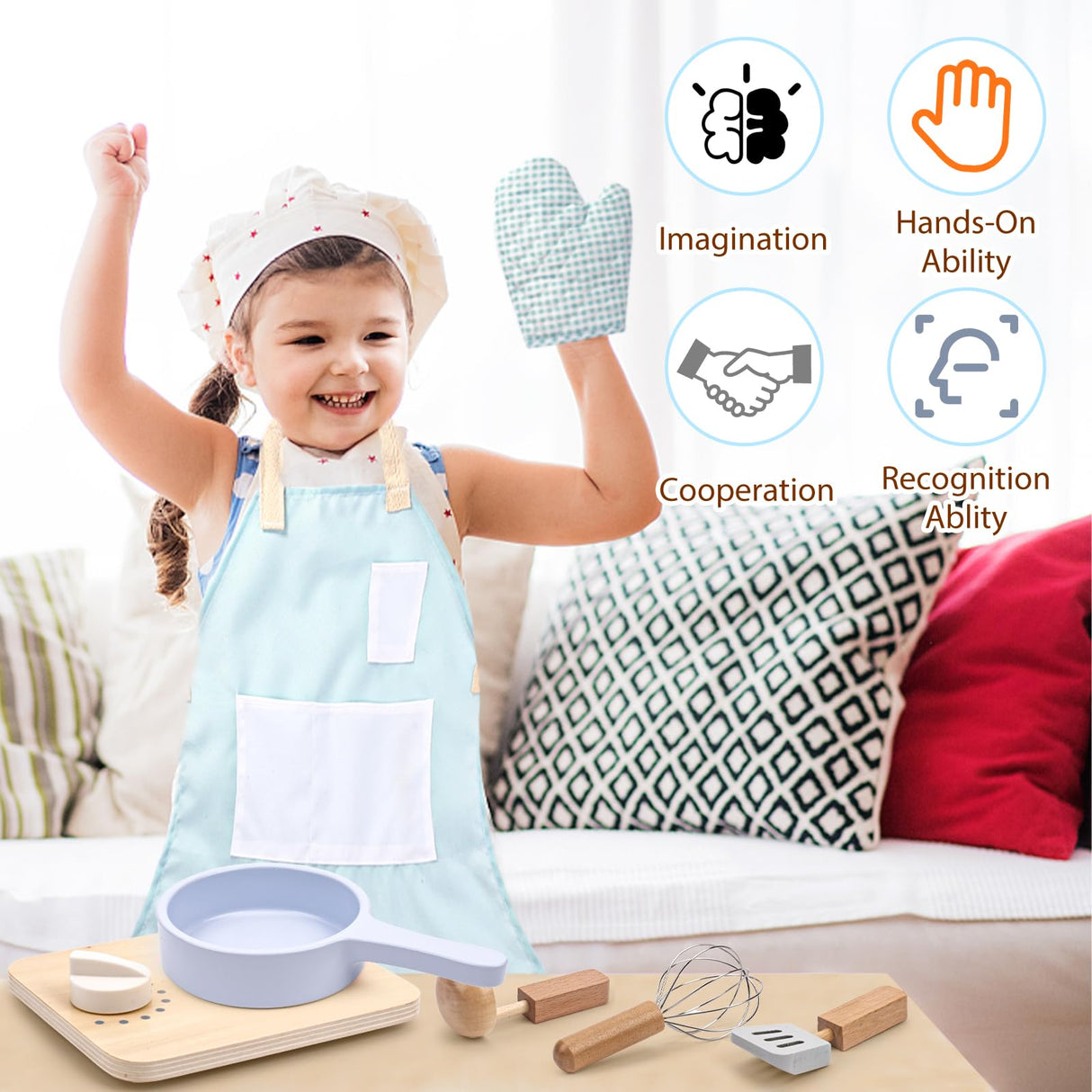 Wood Kids Play Kitchen Accessories Set, Pretend Play Cooking Toys Set, Kitchen Toys Playset for Toddlers, Toy Pots and Pans for Kids Kitchen with Fake Play Food Cookware, Girls Boys Gift umu