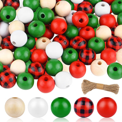 NACHLYNN 160 Pcs Buffalo Plaid Wood Beads Christmas Plaid Wood Beads 16mm Farmhouse Print Wood Spacer Beads for Holiday Party Craft Supplies DIY Christmas Decoration