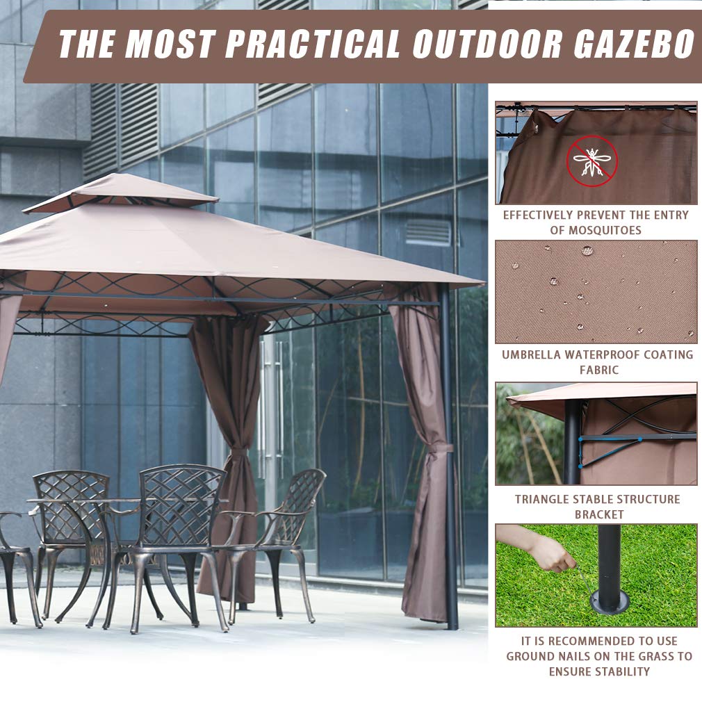 FDW Canopy Tent Gazebo 10' X 13' Grill Gazebo for Patios BBQ Outdoor Patio Large Garden Top Gazebo with Sidewall Party Tent Brown FDW