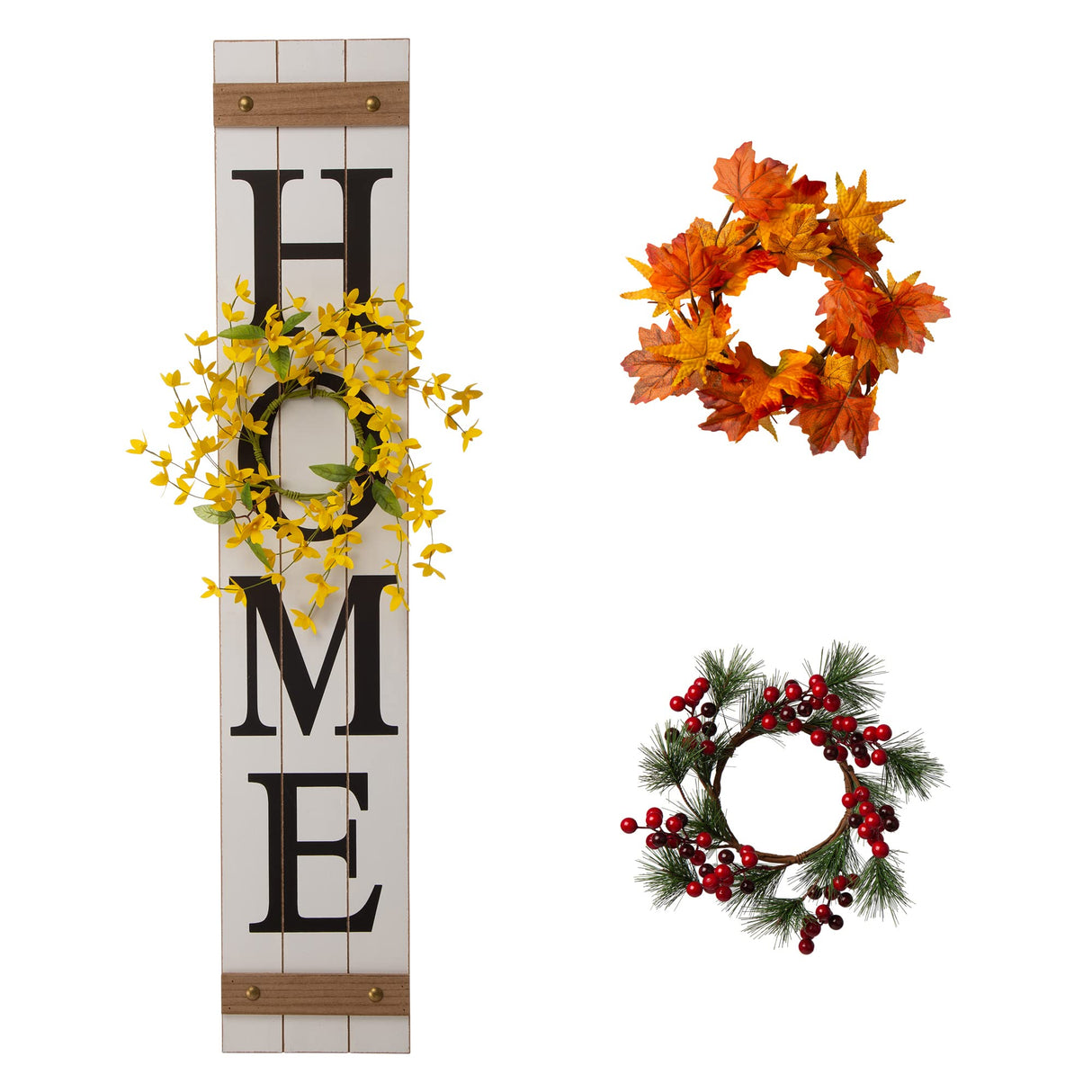 Glitzhome Wooden Welcome Home Porch Sign with Interchangeable Wreaths for Front Door, Vertical Farmhouse Standing Home Sign, Hanging Sign for Year Spring Fall Thanksgiving Christmas, 42”H, White glitzhome