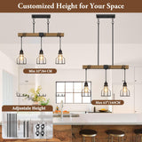 3-Light Kitchen Island Lighting, 63" Adjustable Height Pendant Light Fixtures Black Metal & Rustic Wood Modern Dining Room Linear Chandelier Over Table with E26 Base for Farmhouse Bar LuxiGlowra