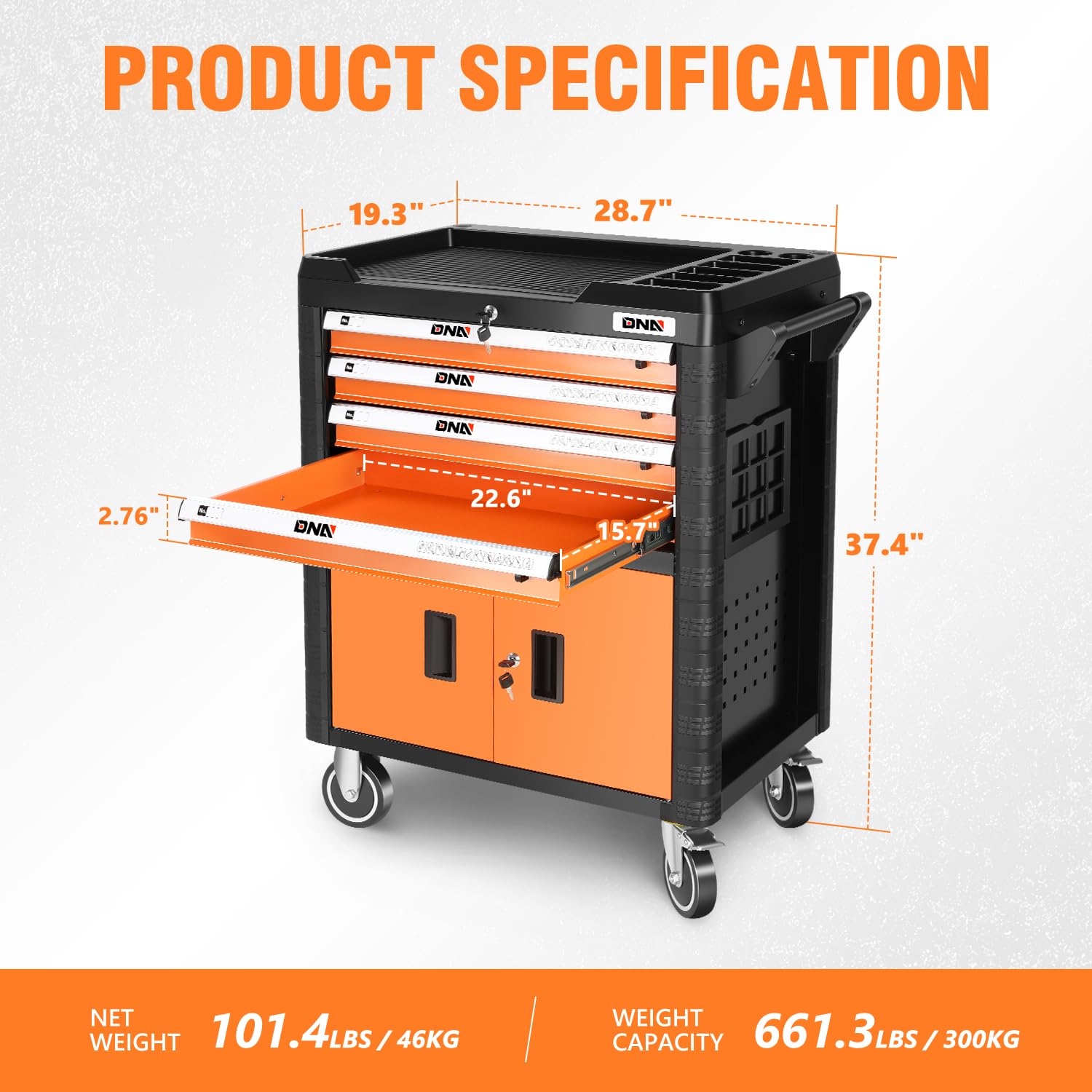 DNA MOTORING 4-Drawers Roller Tool Chest Cabinet with Casters, Locking System, Top Worktop, for Garage Warehouse Workshop, Orange, TOOLS-00402 - WoodArtSupply