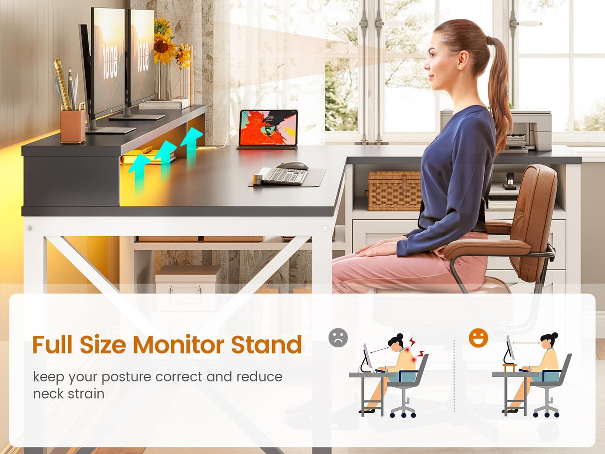 SEDETA Corner Computer Desk, 55" Corner Gaming Desk with Drawers, LED Lights and Power Outlet, Farmhouse L Shaped Office Desk with File Drawer, Storage Shelves and Monitor Shelf, Black SEDETA